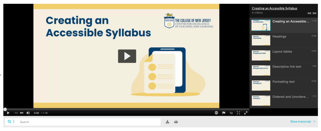 A screenshot of the Creating an Accessible Syllabus video series in TCNJ's Kaltura. 